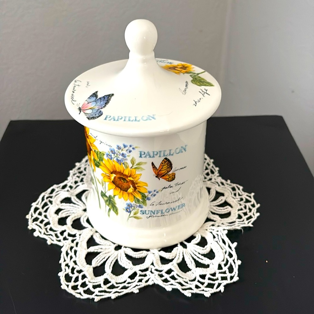 Maxera Ceramic Small Canister with Butterflies & Sunflowers - Good Condition